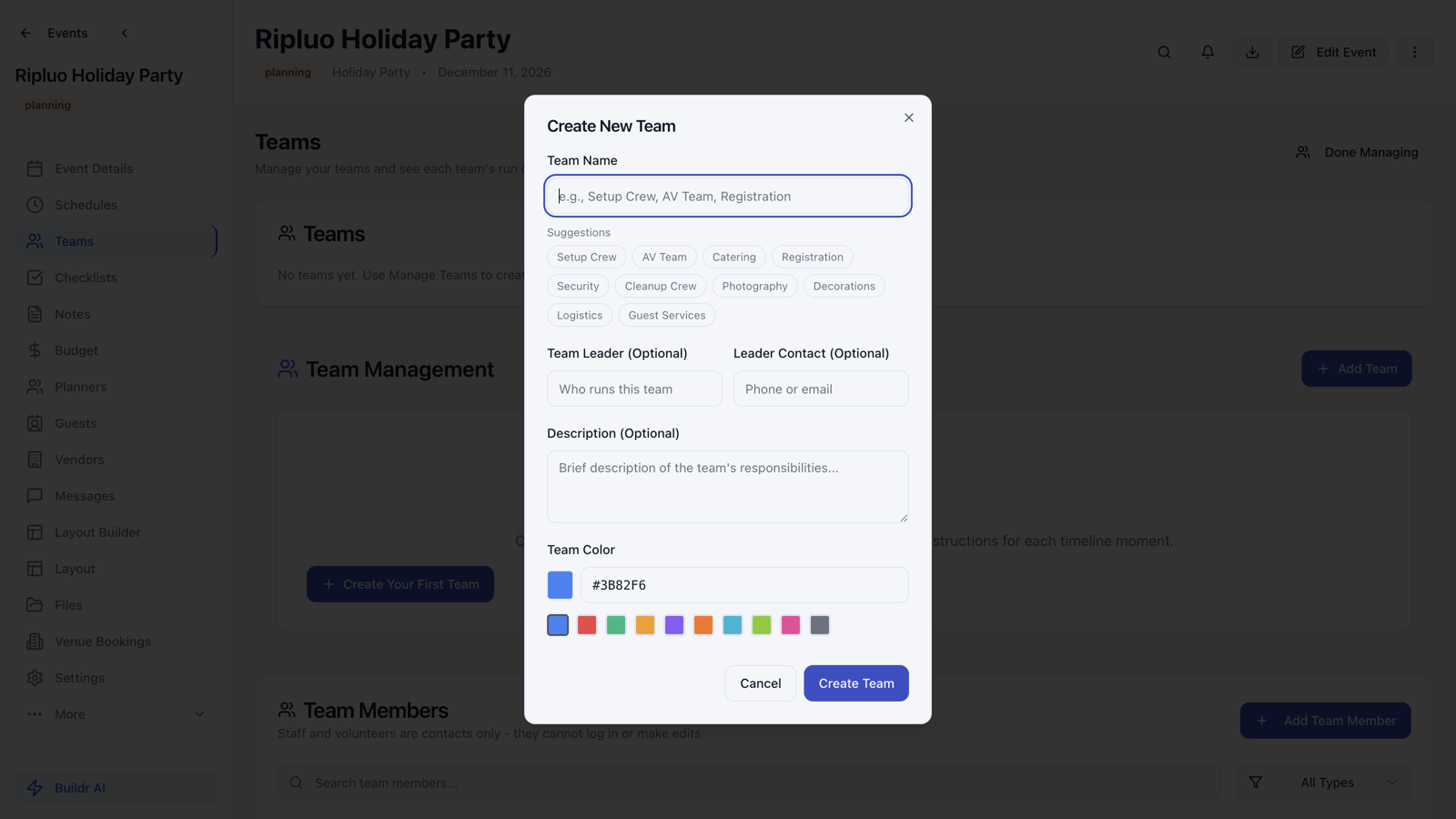 Create New Team window with one-click suggested team names like Setup Crew, AV Team, and Catering plus team leader fields