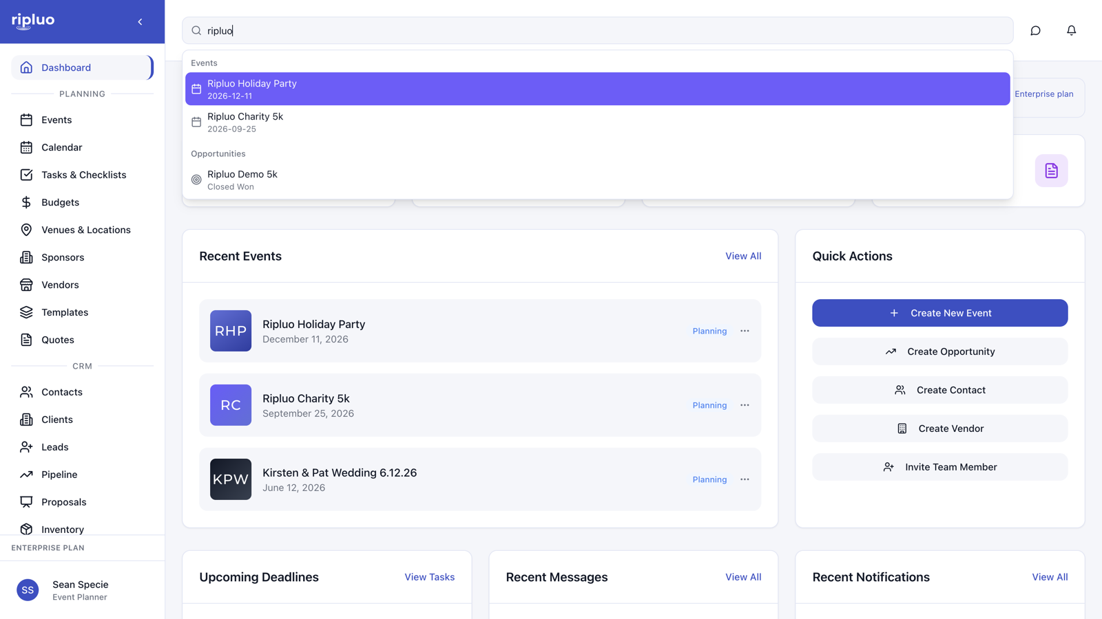 Ripluo global search open from the header showing results across events, contacts, and tasks