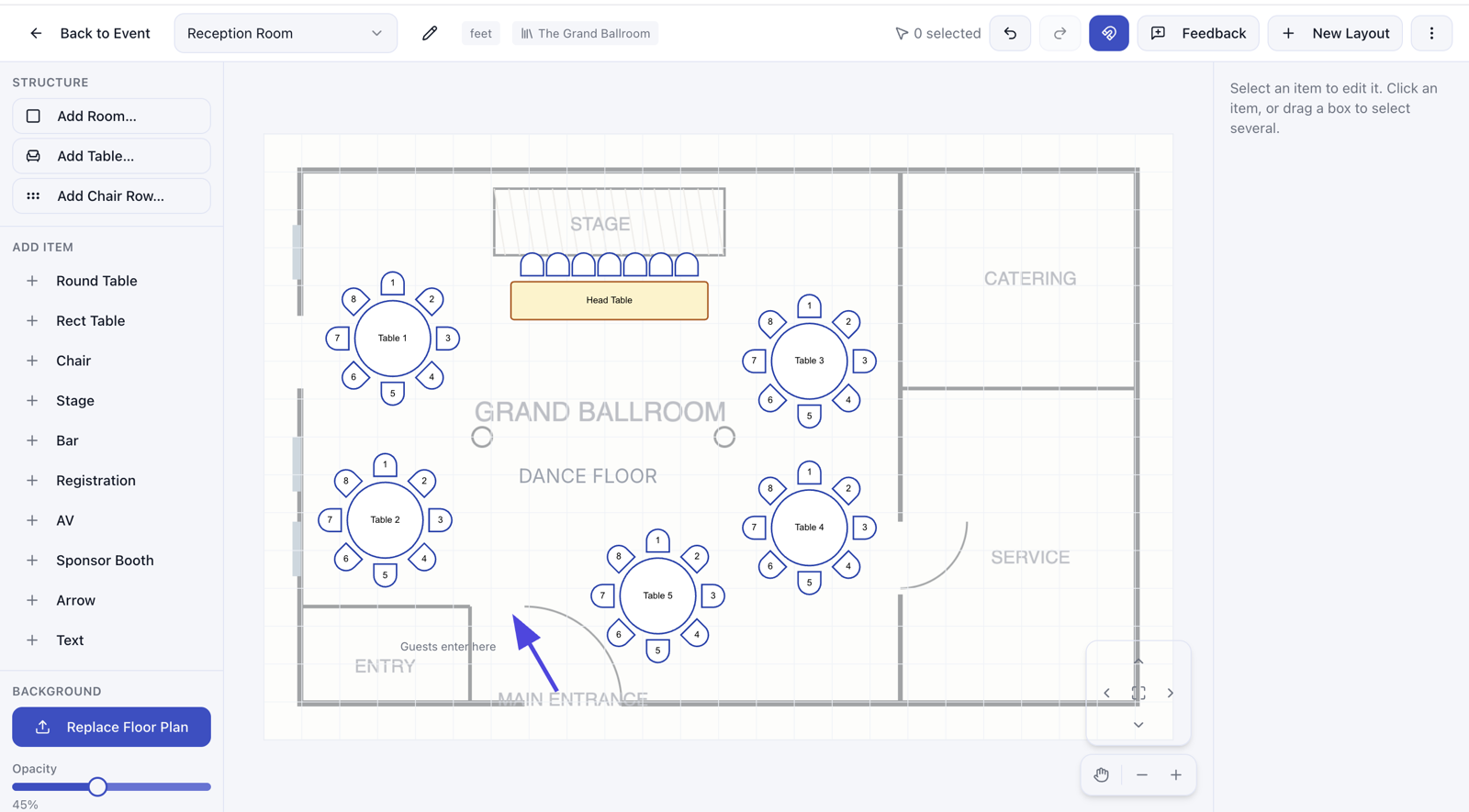 A wedding reception layout in Ripluo with numbered tables, a head table, and a dance floor