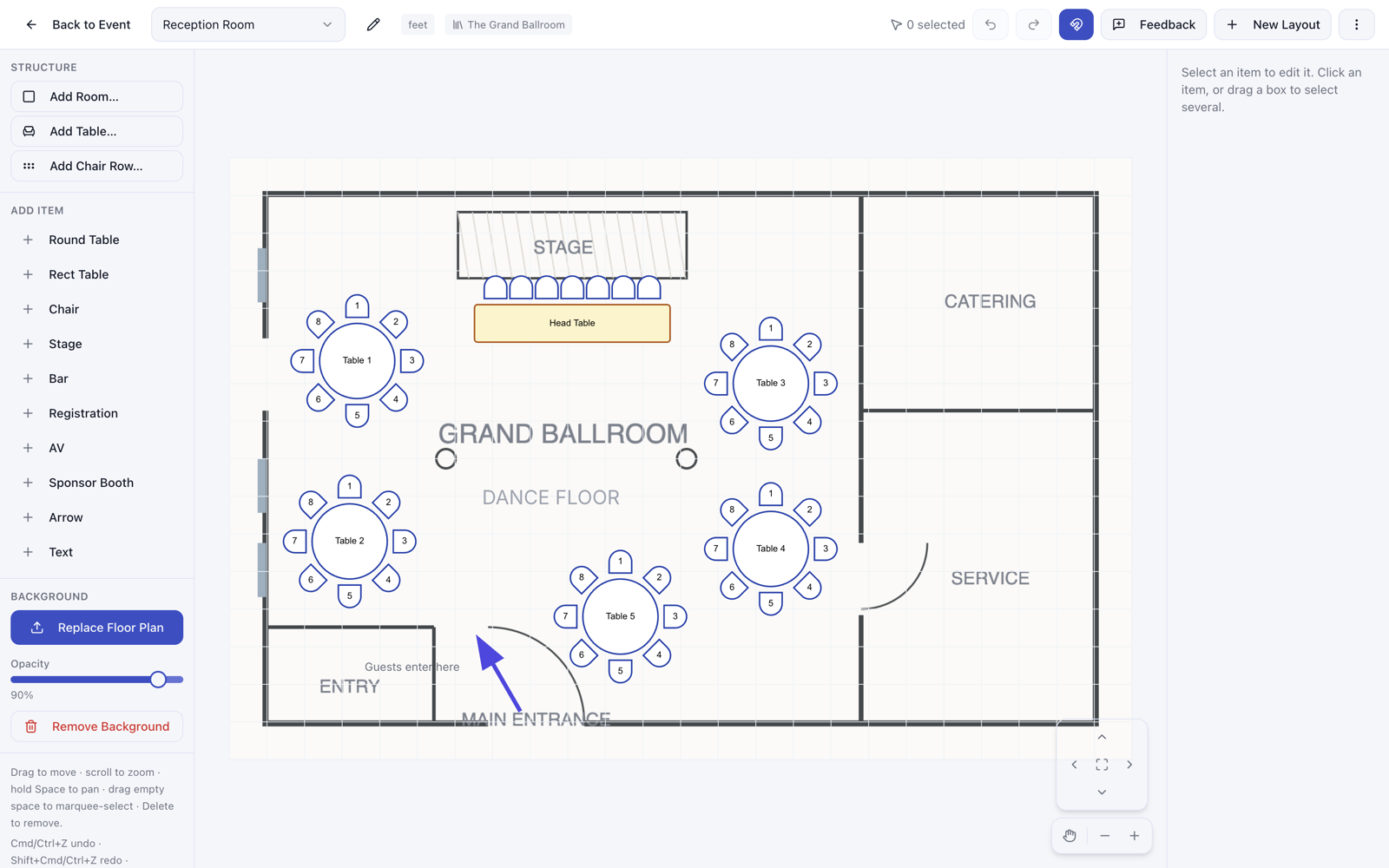 A venue floor plan showing through under a table layout in Ripluo
