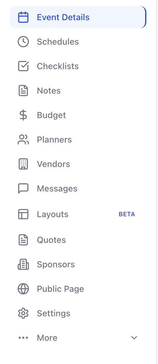 The event sidebar with the new Layouts item marked Beta