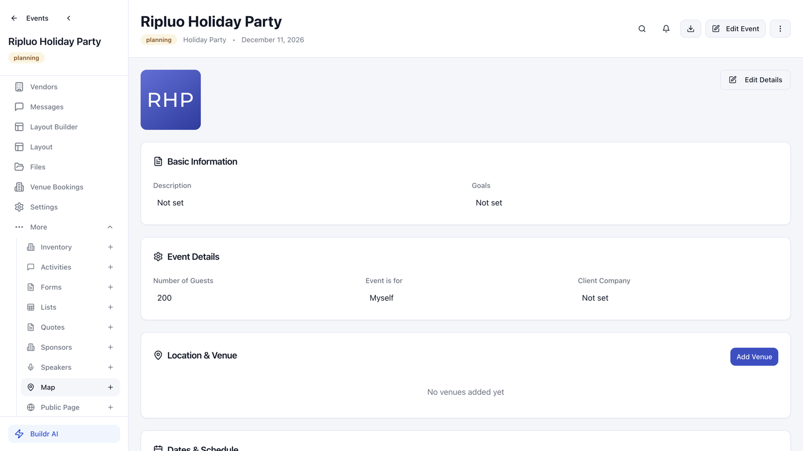 Ripluo event sidebar with the new More menu open, showing additional event tools with descriptions