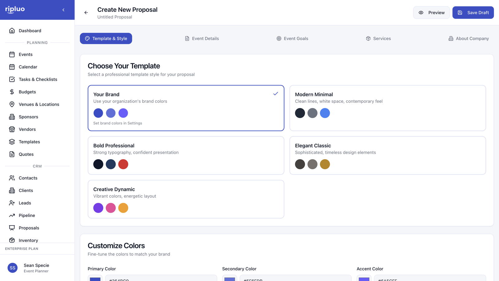 Ripluo proposal builder showing a branded proposal being created
