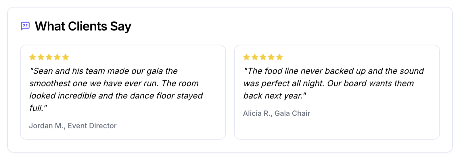 The What Clients Say section on the client-facing proposal page