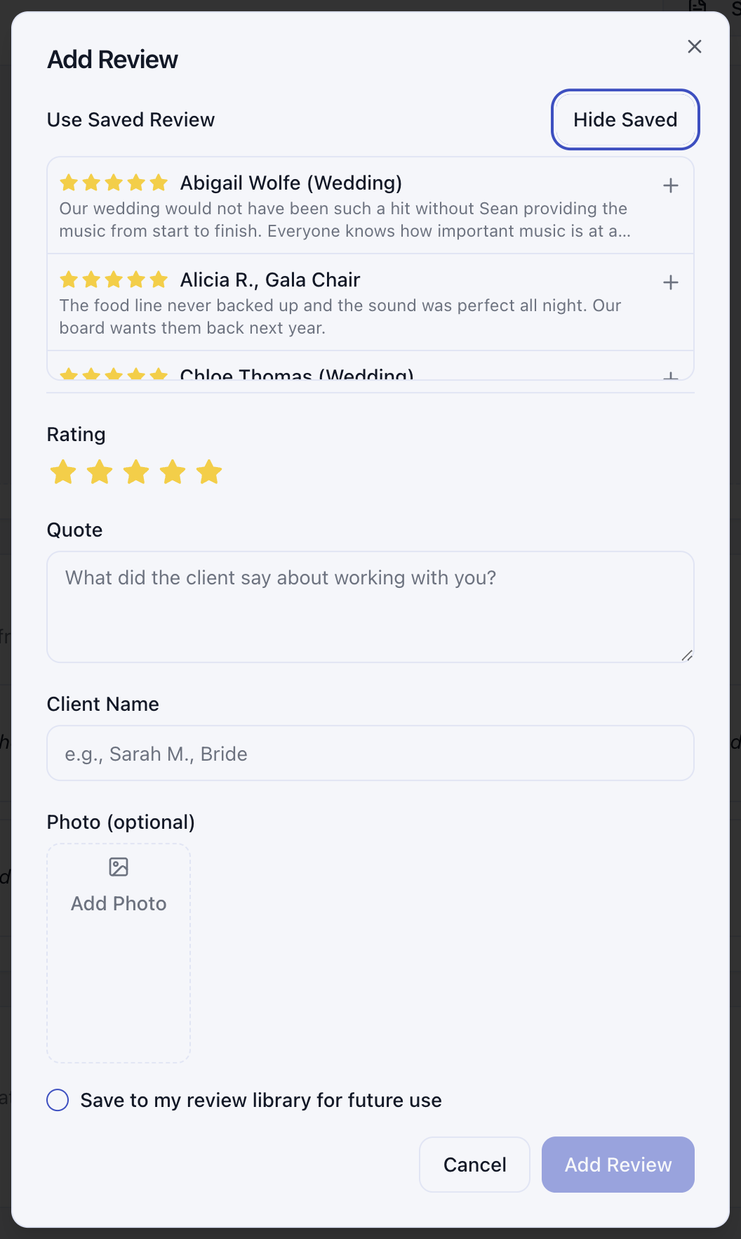 The Add Review dialog showing the saved review library