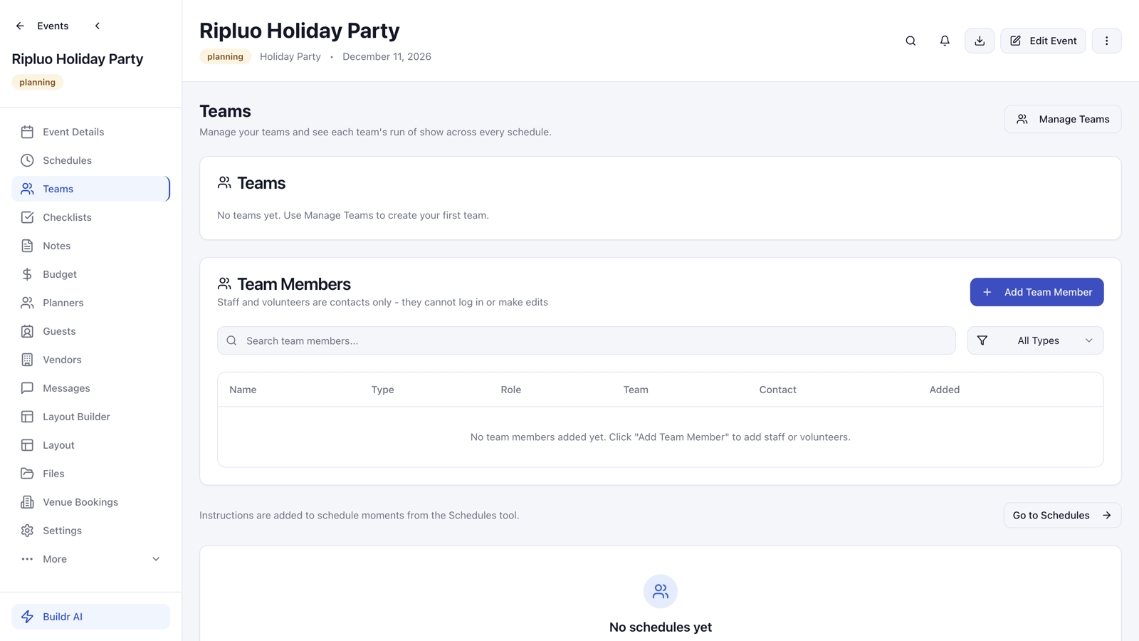 The new Teams hub in Ripluo showing event-day teams and team members