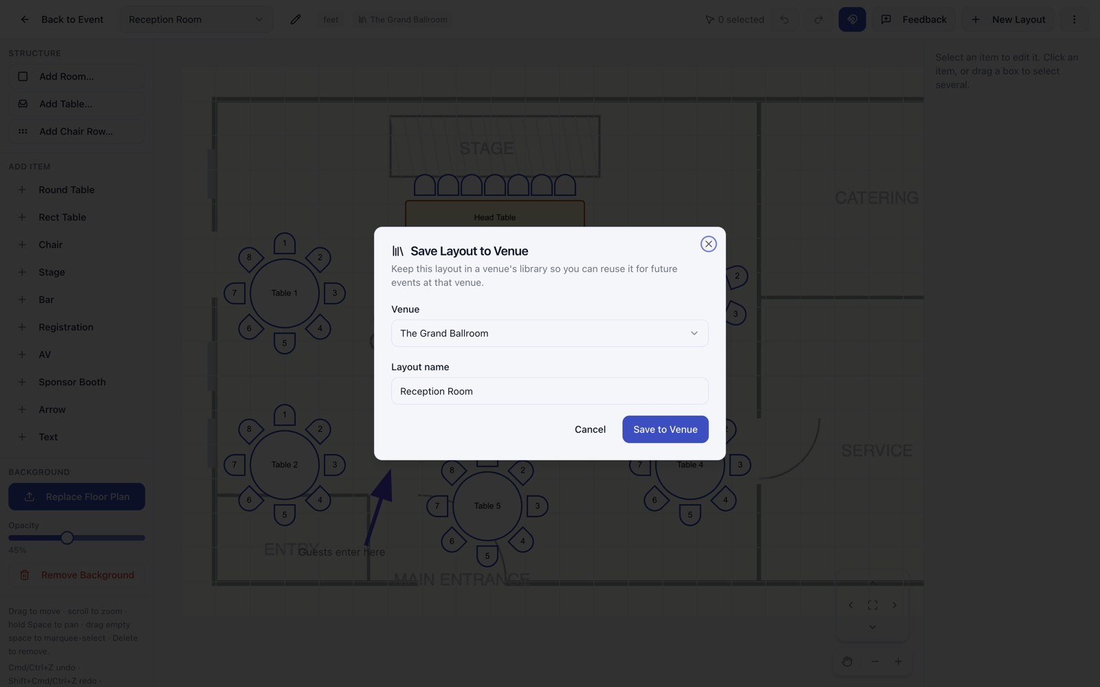 The Save Layout to Venue dialog in Ripluo
