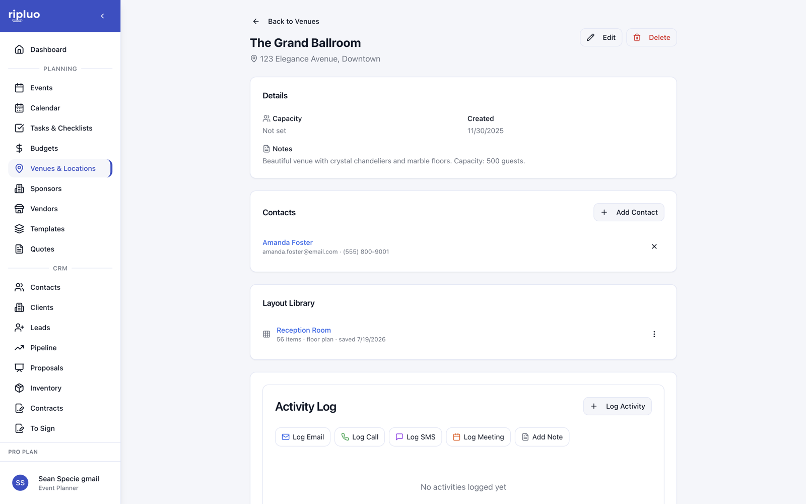 A venue page in Ripluo showing details, a contact, and a saved layout