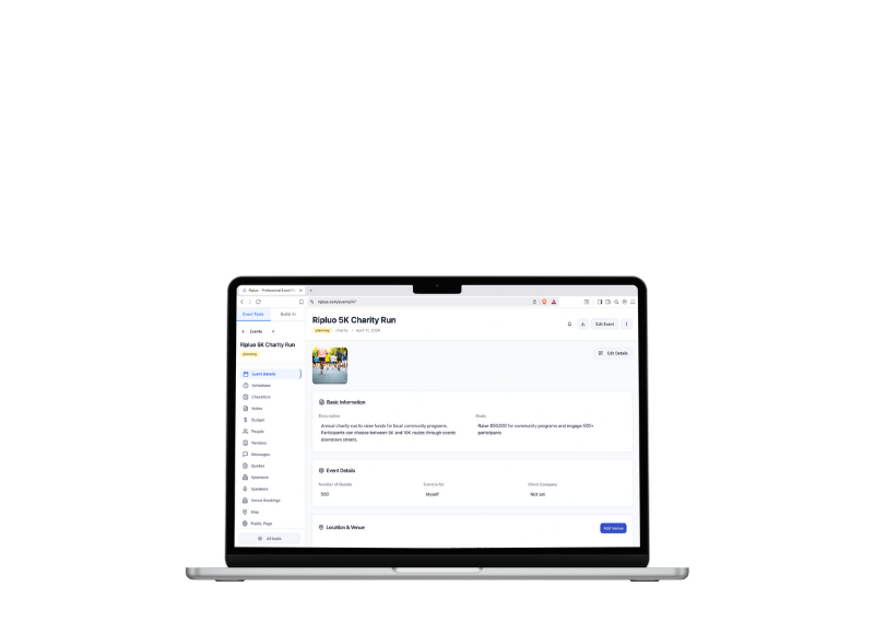 Ripluo event planning software on laptop