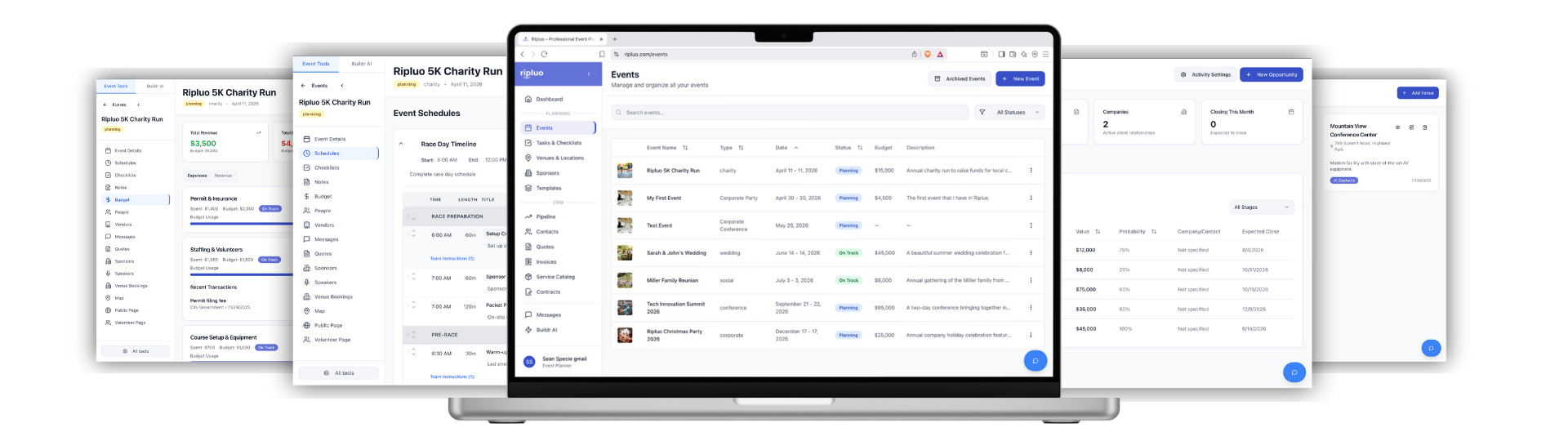 Ripluo event planning software showing CRM, timelines, and event management features