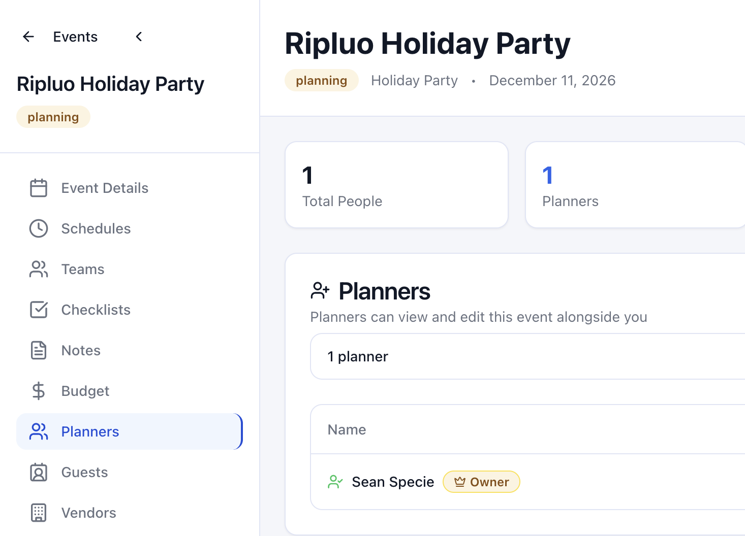 The Planners tab inside a Ripluo event, showing the planner list with the event owner and the invite area