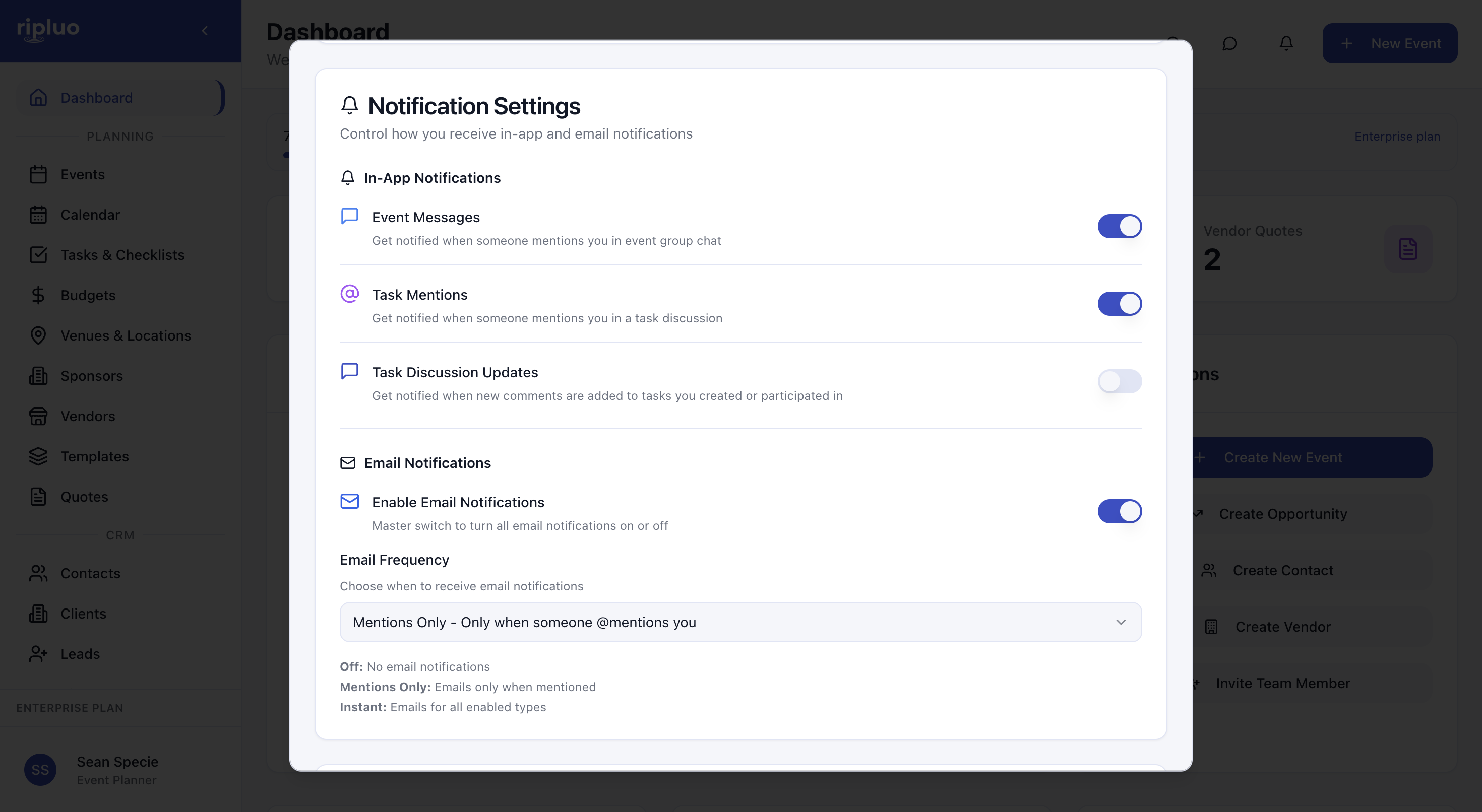 Ripluo Notification Settings showing the in-app notification toggles, the Enable Email Notifications master switch, and the Email Frequency dropdown