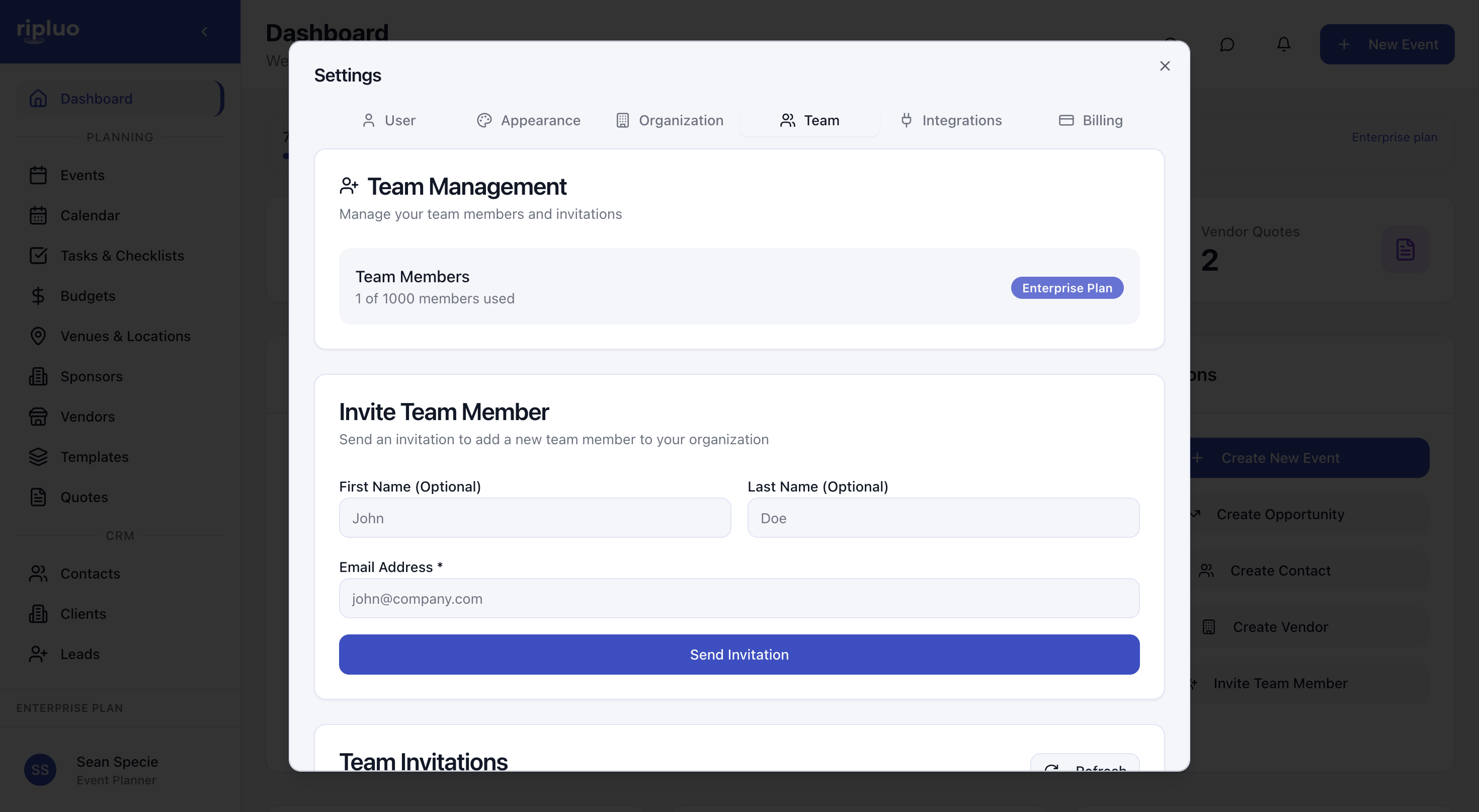 The Team tab in Ripluo Settings, showing the Team Members count and the Invite Team Member form with name and email fields
